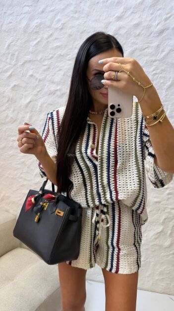 LA MILLA KOMPLET LNIANY SPODENKI + KOSZULA STRIPES ŚMIETANA/MULTICOLOR