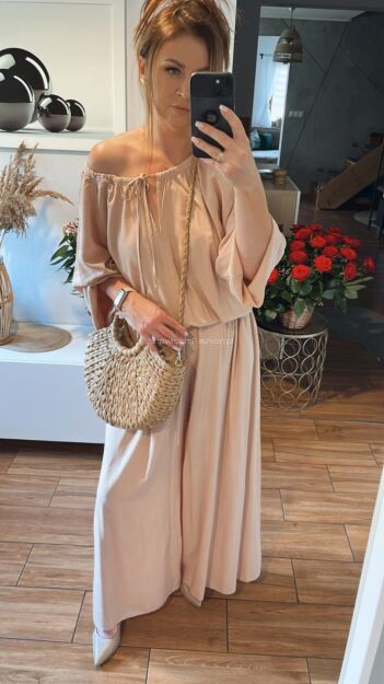 BY O LA LA...! LEJĄCY KOMBINEZON WIDE LEG BEŻ