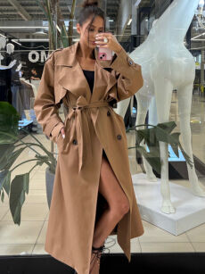 EMO DŁUGI PŁASZCZ TRENCZ Z PAGONAMI KARMEL