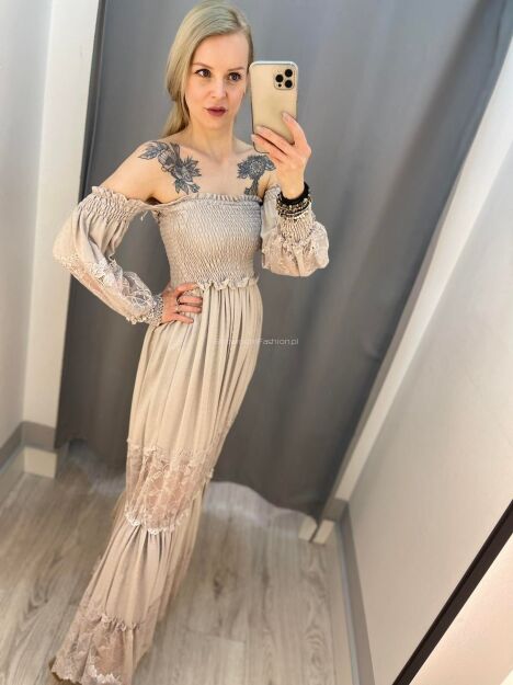 BY O LA LA! SUKIENKA MAXI BOHO Z KORONKĄ BEŻ