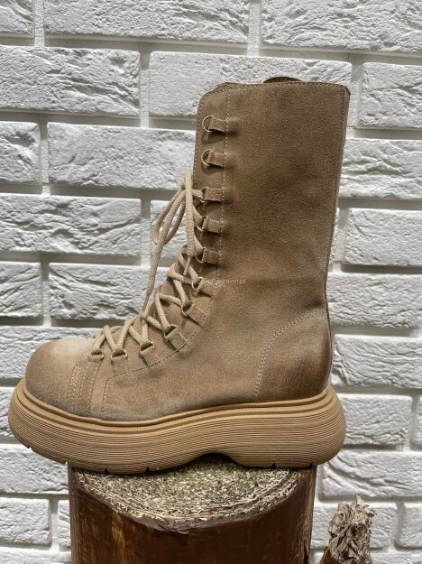 BY O LA LA...! BUTY BOTKI SZNUROWANE SKÓRA ZAMSZ BEŻOWE