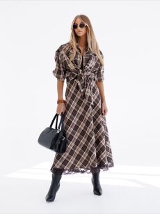 BY O LA LA! SPÓDNICA MAXI W KRATĘ AUTUMN CZEKOLADA