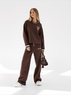 BY O LA LA...! KOMPLET BLUZA KOŁNIERZYK + SPODNIE CZEKOLADA (CHOCOMUS)