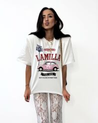LA MILLA BLUZKA T-SHIRT OVERSIZE AUTO BIAŁY