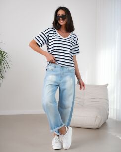 BY O LA LA...! BLUZKA V-NECK W PASY Z MISIEM NIEBIESKA