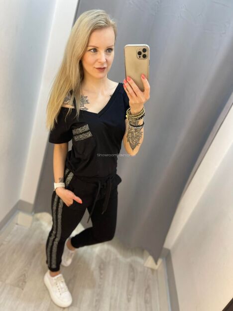 BY O LA LA...!  BLUZKA T-SHIRT SREBNE PASKI CZARNA