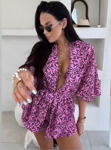 LA MILLA KOMPLET KOSZULA KIMONO + SZORTY PRINT LOGO RÓŻ