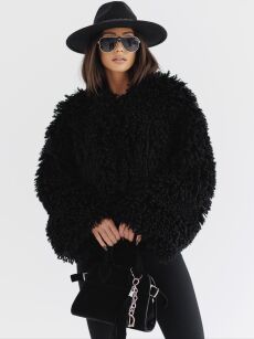 BY O LA LA! KRÓTKI PŁASZCZ LAMA CZARNY