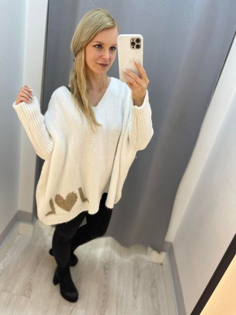 BY O LA LA.. ! OVERSIZOWY SWETER LOVE ECRU