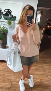 BY O LA LA...! CIENKI OVERSIZOWY SWETER V-NECK BRZOSKIWNIA