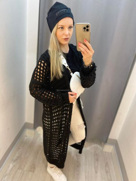 BY O LA LA...! SWETER KARDIGAN AŻUROWY CZARNY