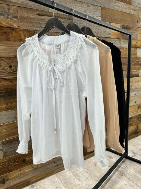 BY O LA LA! BLUZKA BOHO Z BAWEŁNIANĄ KORONKĄ BIAŁA
