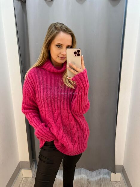 BY O LA LA.. ! DŁUGI SWETER Z GOLFEM FUKSJA