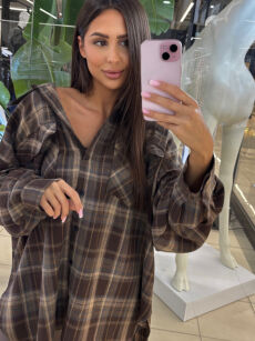 EMO OVERSIZOWA FLANELOWA KOSZULA W KRATĘ BRĄZ/BEŻ/SZAROŚĆ