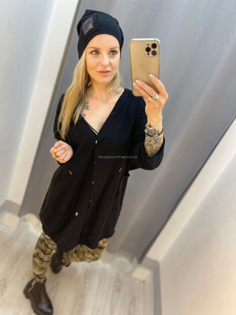 BY O LA LA...! CIENKI KARDIGAN BLUZA OVERSIZE CZARNY