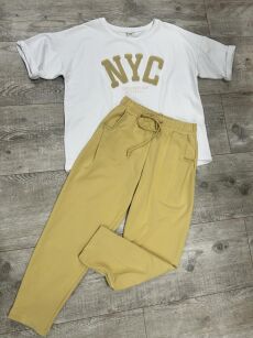 BY O LA LA! BLUZKA T-SHIRT NYC BIEL/ŻÓŁTY