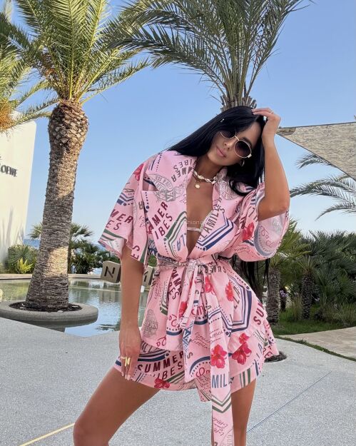 LA MILLA KOMPLET LNIANY KOSZULA KIMONO + SZORTY RÓŻ/MULTICOLOR