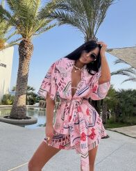 LA MILLA KOMPLET LNIANY KOSZULA KIMONO + SZORTY RÓŻ/MULTICOLOR