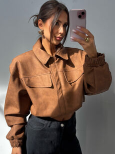 EMO KURTKA Z KOŁNIERZYKIEM MATOWA ECO SKÓRA BRĄZ/CYGARO