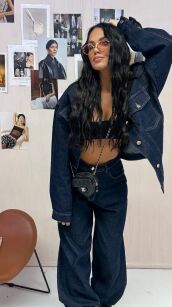 LA MILLA JEANSOWA KURTKA Z PODUSZKAMI NA RAMIONACH CIEMNONIEBIESKA