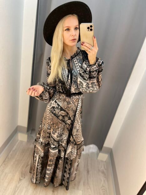 BY O LA LA! SUKIENKA MAXI BOHO Z AKSAMITKĄ SZARA