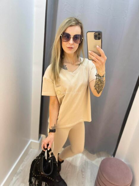 BY O LA LA! BLUZKA T-SHIRT Z LAMPASEM BEŻ