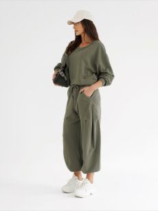 BY O LA LA...! DRESOWE SPODNIE ZASZEWKA MATCHA (KHAKI)