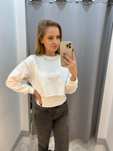 BY O LA LA! ZESTAW BLUZA PEREŁKI + TOP ECRU