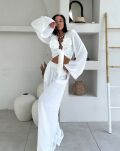 LA MILLA KOMPLET BLUZKA WIĄZANA + SPODNIE WIDE LEG RÓŻE BIAŁY - 4