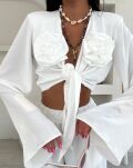 LA MILLA KOMPLET BLUZKA WIĄZANA + SPODNIE WIDE LEG RÓŻE BIAŁY - 5