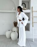 LA MILLA KOMPLET BLUZKA WIĄZANA + SPODNIE WIDE LEG RÓŻE BIAŁY - 7