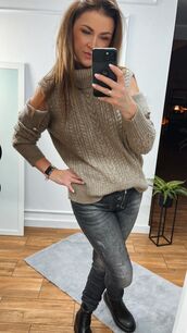 BY O LA LA...! SWETER GOLF Z WYCIĘTYMI RAMIONAMI FANGO