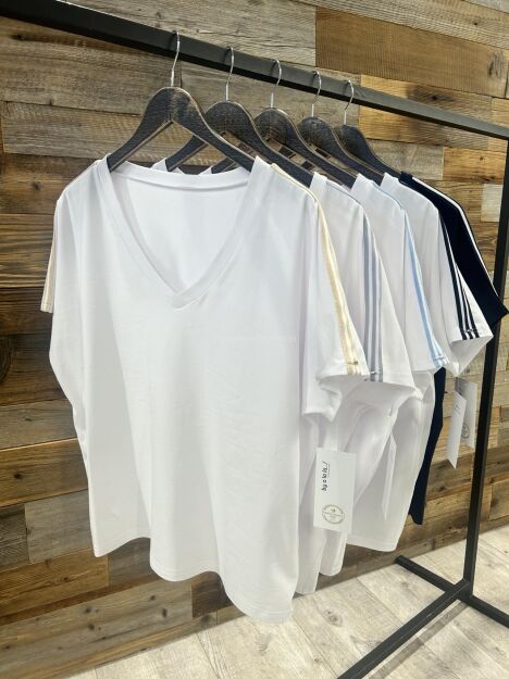 BY O LA LA! OVERSIZOWA BLUZKA T-SHIRT Z LAMPASAMI BIEL/BEŻ/ŚMIETANA