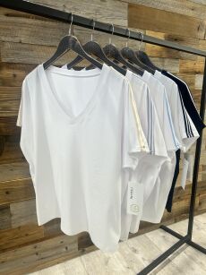 BY O LA LA! OVERSIZOWA BLUZKA T-SHIRT Z LAMPASAMI BIEL/BEŻ/ŚMIETANA