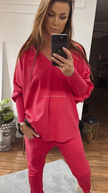 BY O LA LA...! OVERSIZOWA BLUZA BASIC ZE ŚCIĄGACZAMI MAGENTA