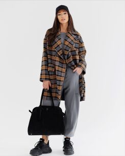 BY O LA LA! OVERSIZOWY PŁASZCZ W KRATĘ SZAROŚĆ/CAMEL