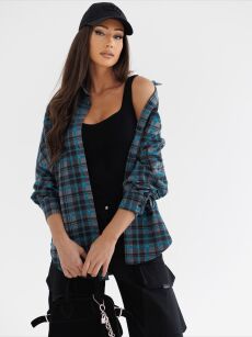 BY O LA LA! DRESOWA KOSZULA W KRATĘ Z HAFTEM SZARA/PETROL (TURKUS)