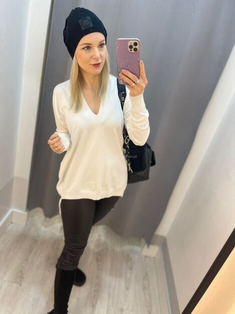 BY O LA LA...! DŁUGI SWETER V-NECK BIAŁY