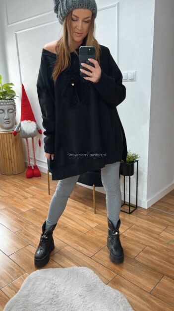 BY O LA LA...! DRESOWA BLUZA TUNIKA Z MISIEM CZARNA