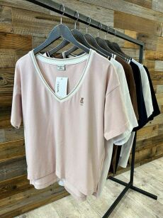 BY O LA LA! BLUZKA T-SHIRT V-NECK TEDDY RÓŻ