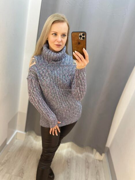 BY O LA LA.. ! SWETER GOLF WYCIĘCIA SZARY/AMARANT