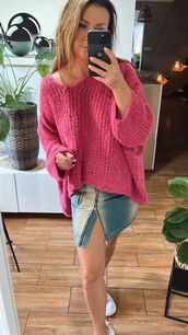 BY O LA LA...! OVERSIZOWY SWETER V-NECK JEŻYNA