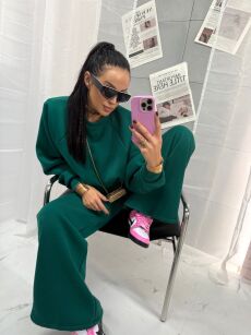 LA MILLA KOMPLET DRESOWY BLUZA + SPODNIE WIDE LEG BUTELKOWA ZIELEŃ