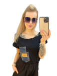 BY O LA LA! BLUZKA T-SHIRT Z JEANSOWĄ KIESZENIĄ CZARNY - 6