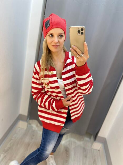 BY O LA LA! BLUZA BOMBER W PASY ECRU/CZERWIEŃ