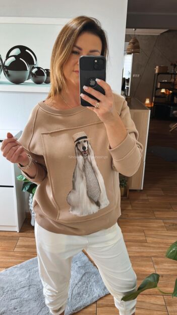 BY O LA LA! DRESOWA BLUZA Z PSEM BEŻ
