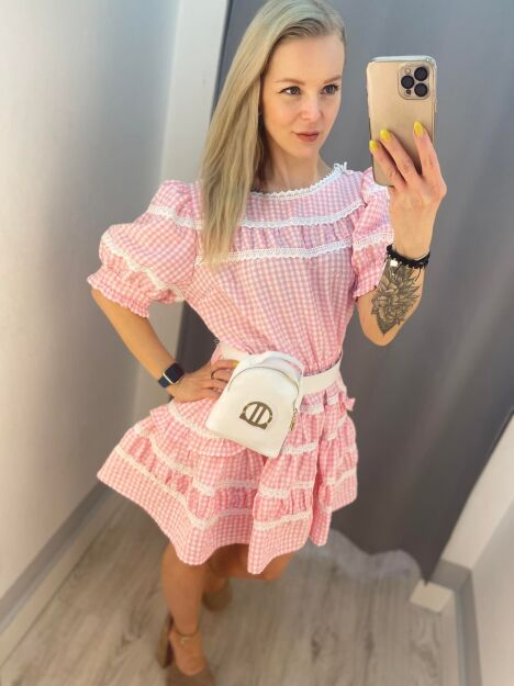BY O LA LA! SUKIENKA BOHO W KRATKĘ RÓŻ/BIEL