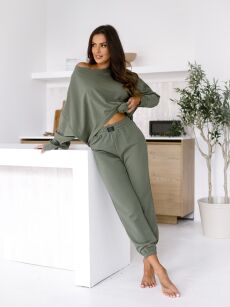 BY O LA LA! DRESOWE SPODNIE Z NASZYWKĄ "B" MATCHA