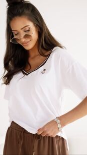 BY O LA LA! BLUZKA T-SHIRT V-NECK TEDDY BIAŁY/MOKKA