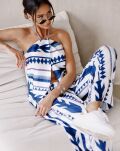 BY O LA LA...! KOMPLET BLUZKA Z ROZCIĘCIEM + SPODNIE WIDE LEG PRINT BIEL/GRANAT - 4